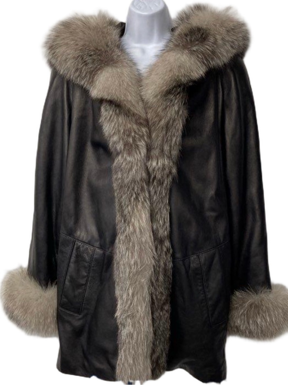 Vintage J Percy for Marvin Richards Black Leather Coat with Gray Fox Fur Trim